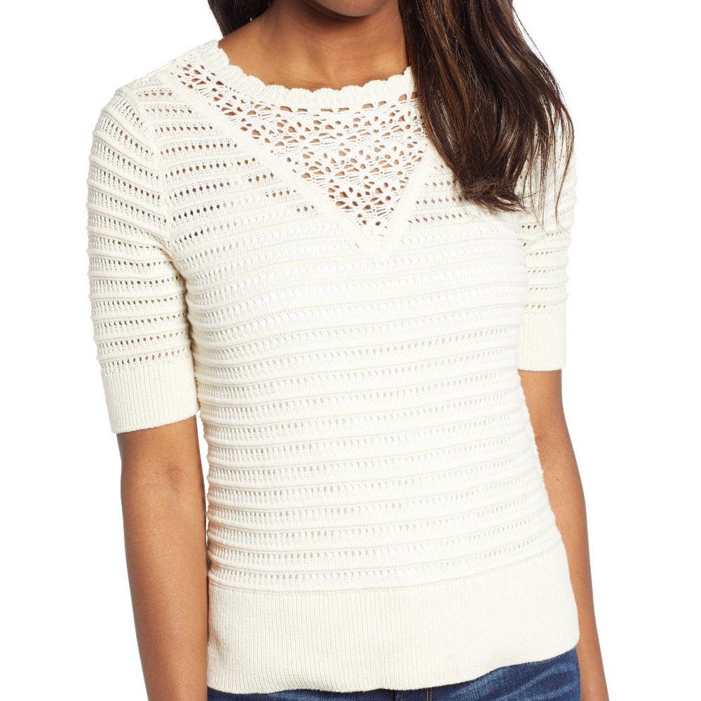Lucky Brand Womens Crochet Short Sleeve Pullover M